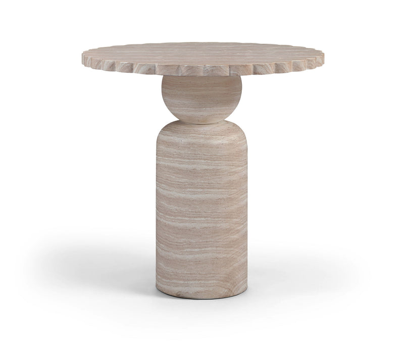 Round indoor/outdoor table with layered pedestal column and ribbed edge top in light wood.