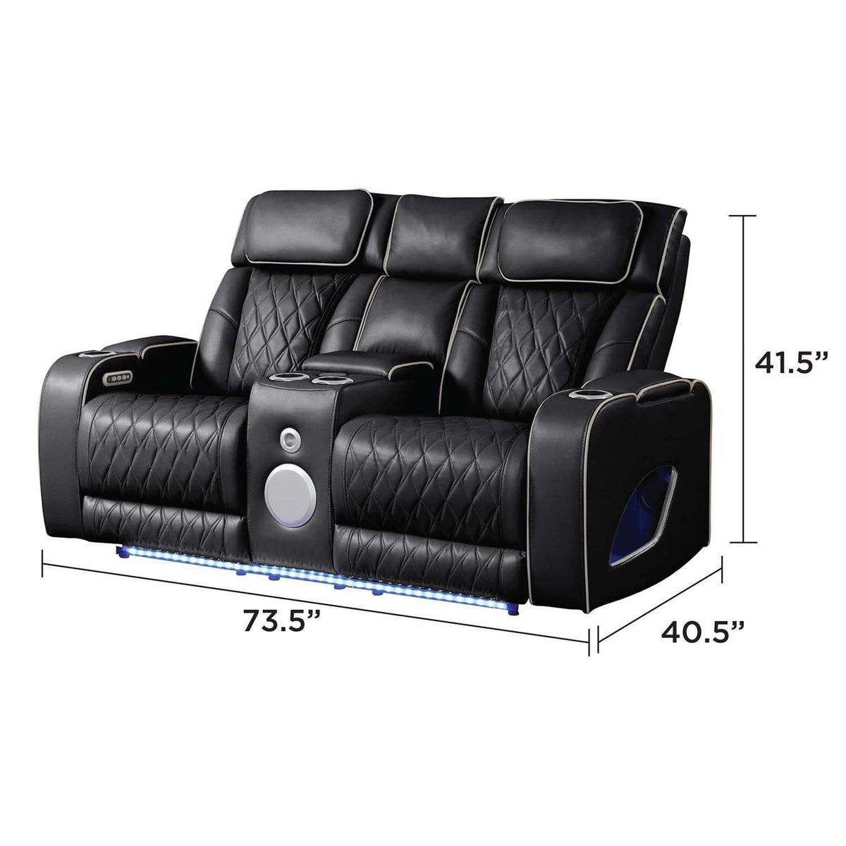 Power reclining sofa in black leather-look with blue LED base and circular control button