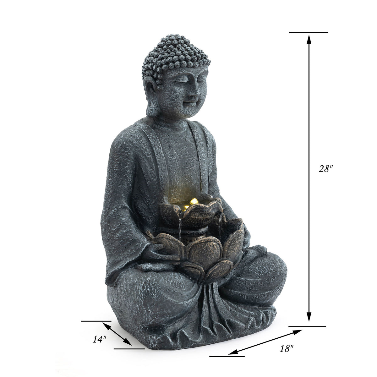 Gray seated Buddha water fountain with glowing bowl, front view