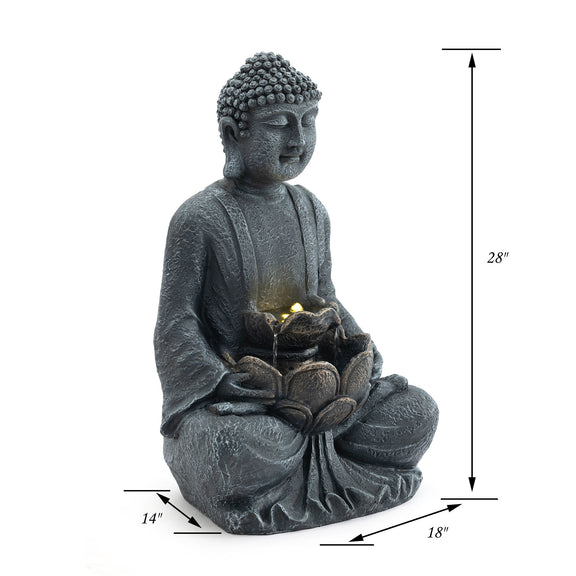 Gray seated Buddha water fountain with glowing bowl, front view