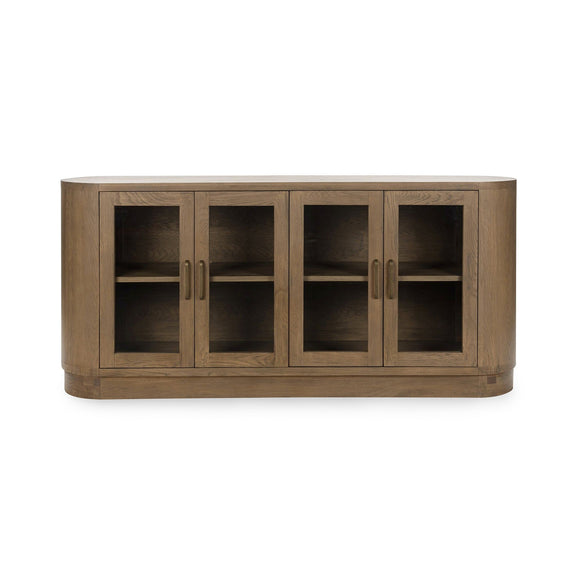4-door buffet cabinet with four wood-framed doors and glass-pane openings