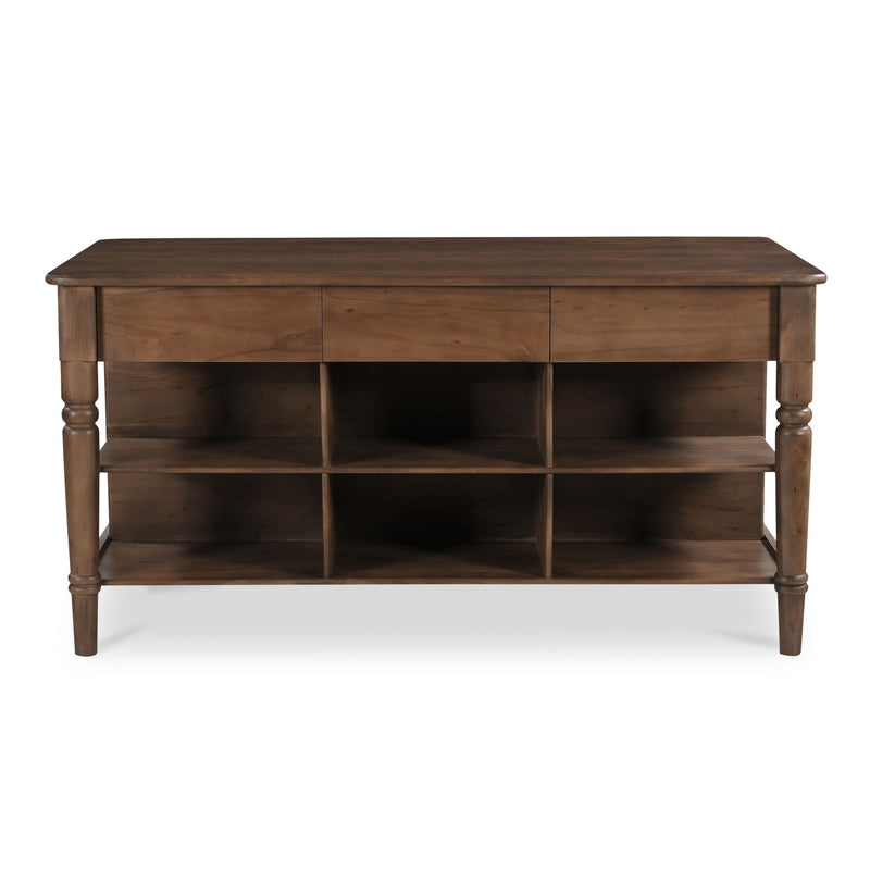 Brown wooden kitchen island with a wide top, turned legs, and six open storage cubbies.