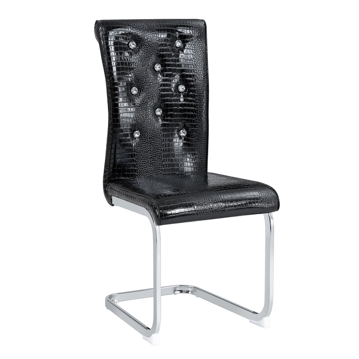 Upholstered dining chair in black with diamond tufting and chrome metal sled legs