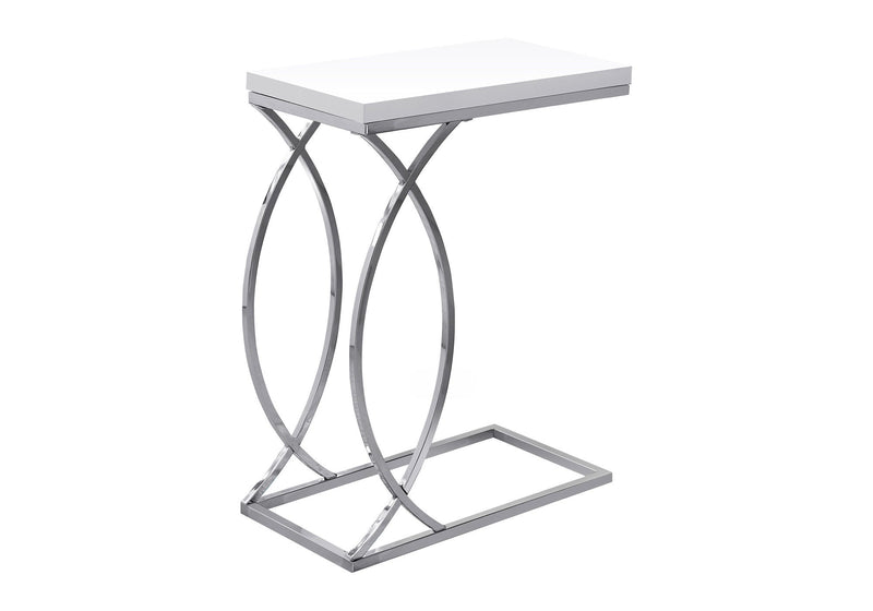 White square top C-shaped accent table with silver metal base and lower shelf.