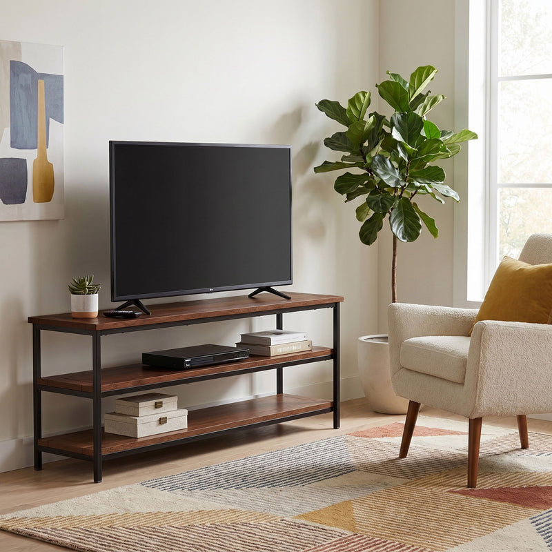 Dark cognac brown TV media stand with open shelves and black metal frame, drawer cabinet