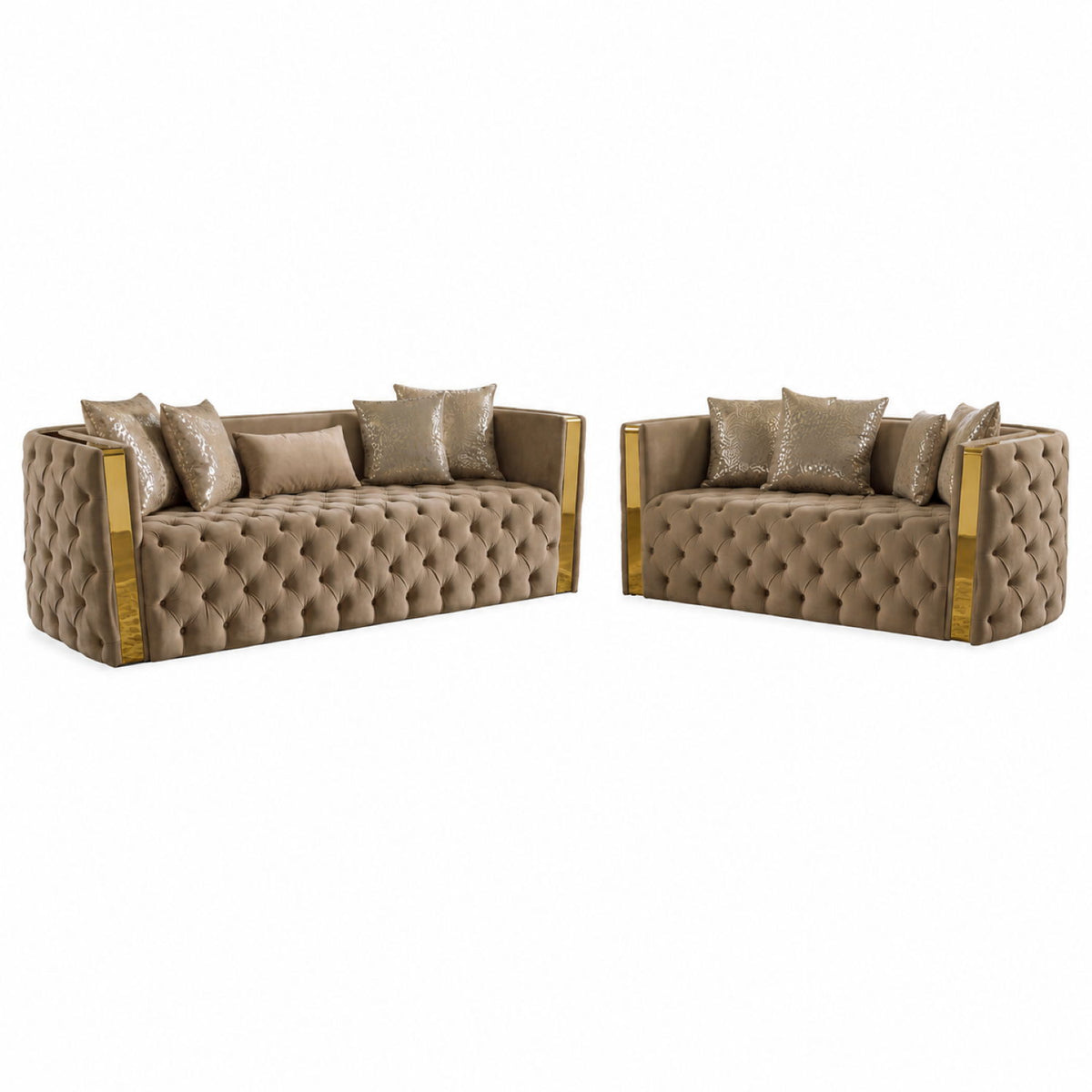 Naomi living room set, light brown tufted loveseat with two matching side chairs and pillows