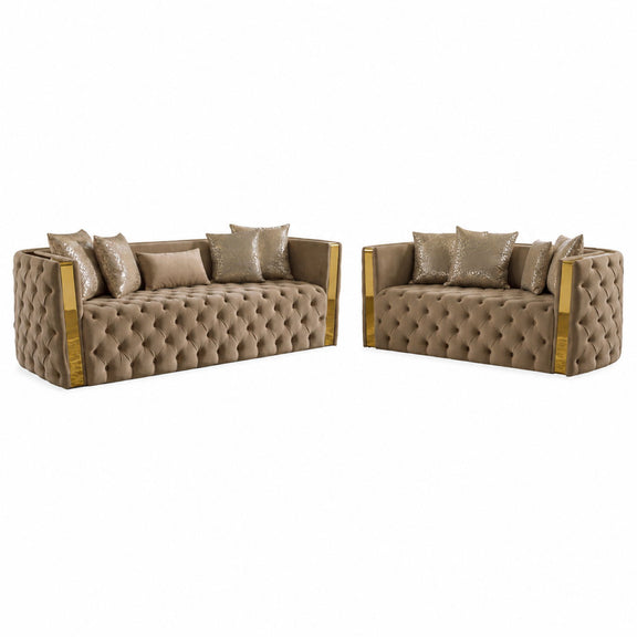 Naomi living room set, light brown tufted loveseat with two matching side chairs and pillows