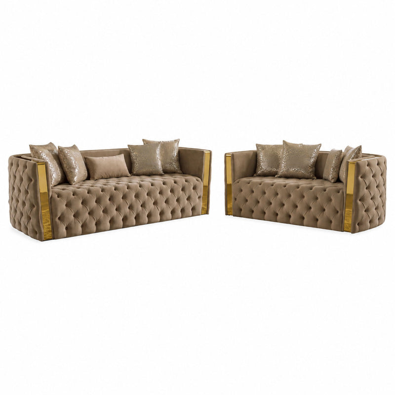 Naomi living room set, light brown tufted loveseat with two matching side chairs and pillows