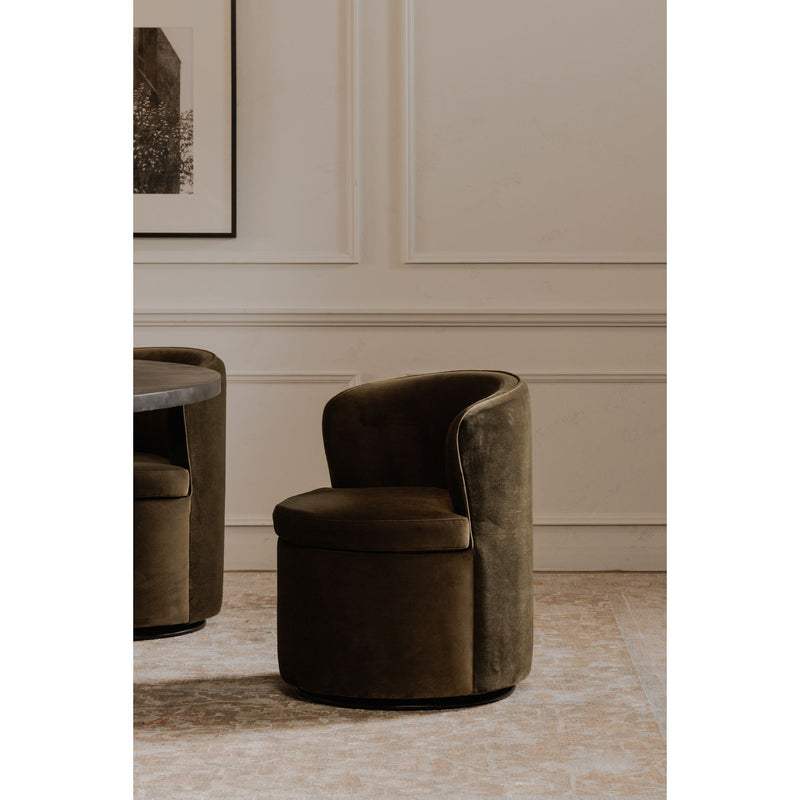Green upholstered swivel chair with curved arms and cushioned seat