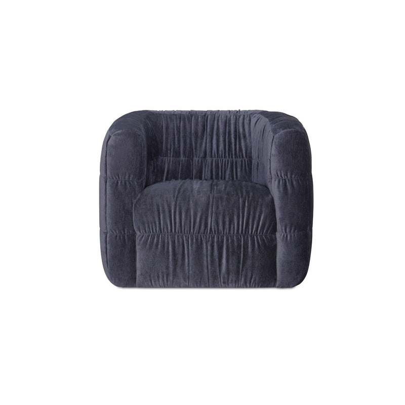Navy velvet swivel chair with rounded arms and tufted, pleated upholstery