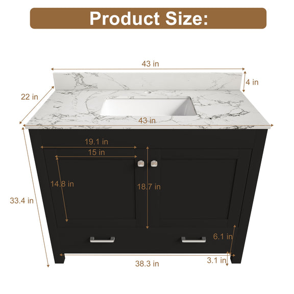 Black bathroom vanity set with marble-look top and sink, two doors and two drawers (size view)