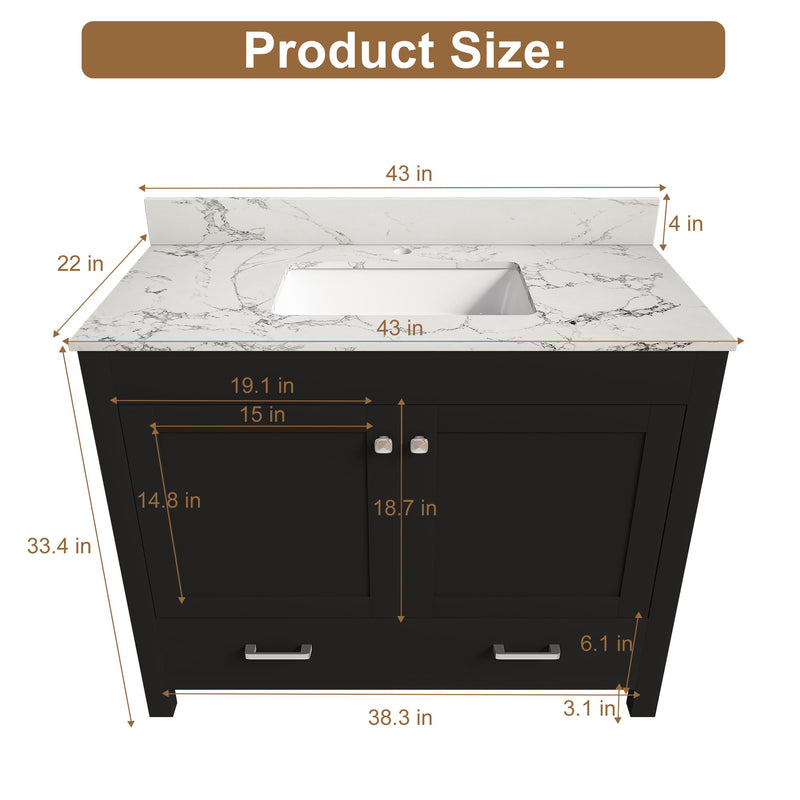 Black bathroom vanity set with marble-look top and sink, two doors and two drawers (size view)