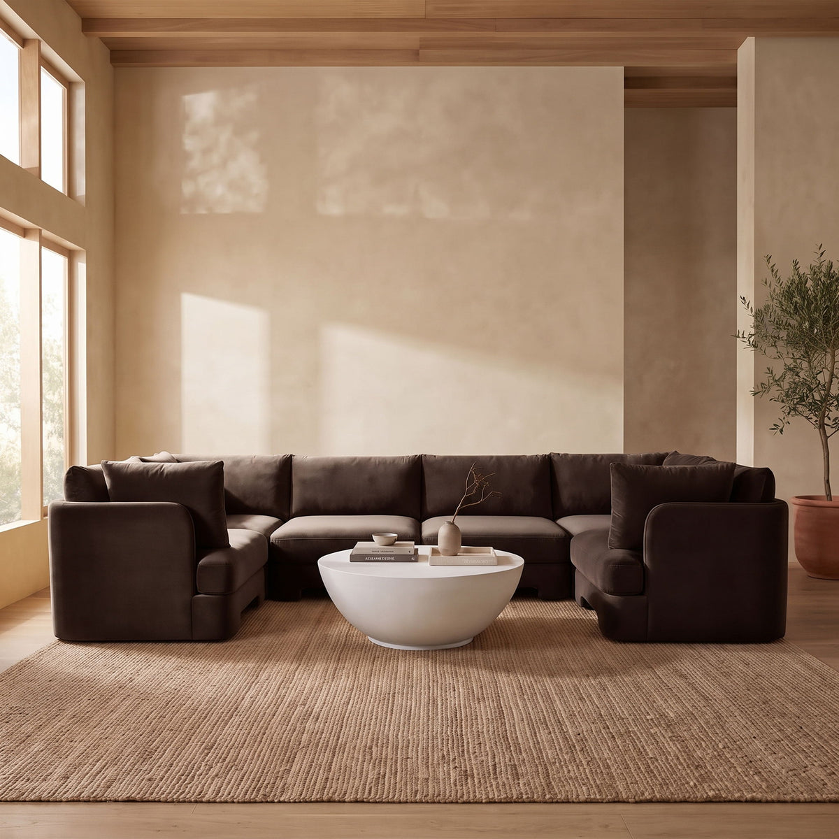 Dark brown velvet U-shaped sectional sofa, 6-piece set with deep upholstered cushions.