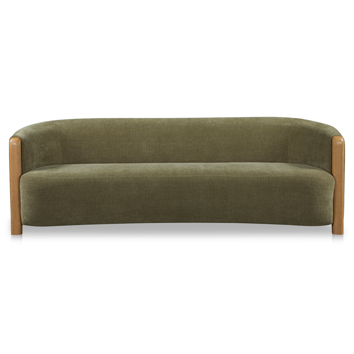Olive green sofa with straight seat, rounded arms, and tapered wood legs