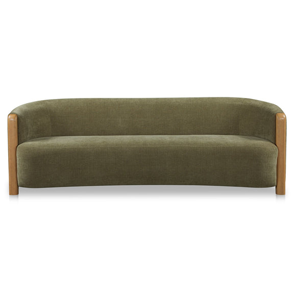 Olive green sofa with straight seat, rounded arms, and tapered wood legs