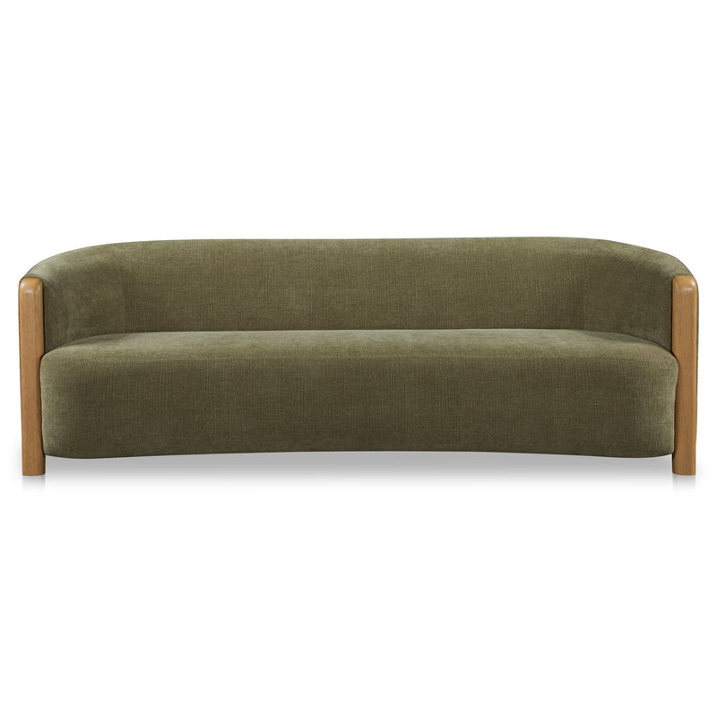 Olive green sofa with straight seat, rounded arms, and tapered wood legs