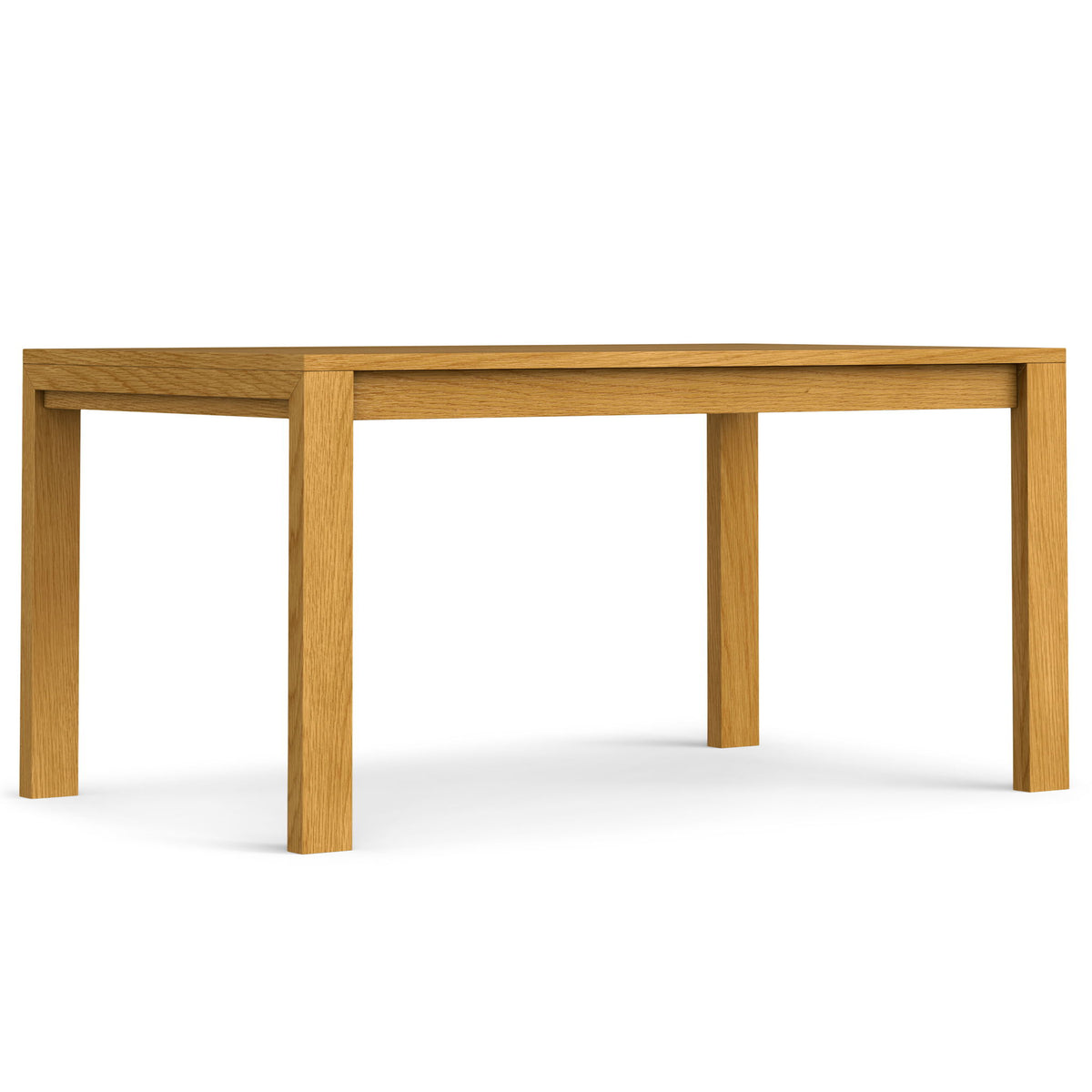 Light tan rectangular dining table with smooth top and four sturdy legs