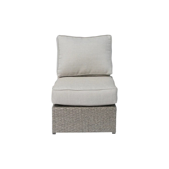 Outdoor arm chair with dark brown woven wicker and light gray cushion