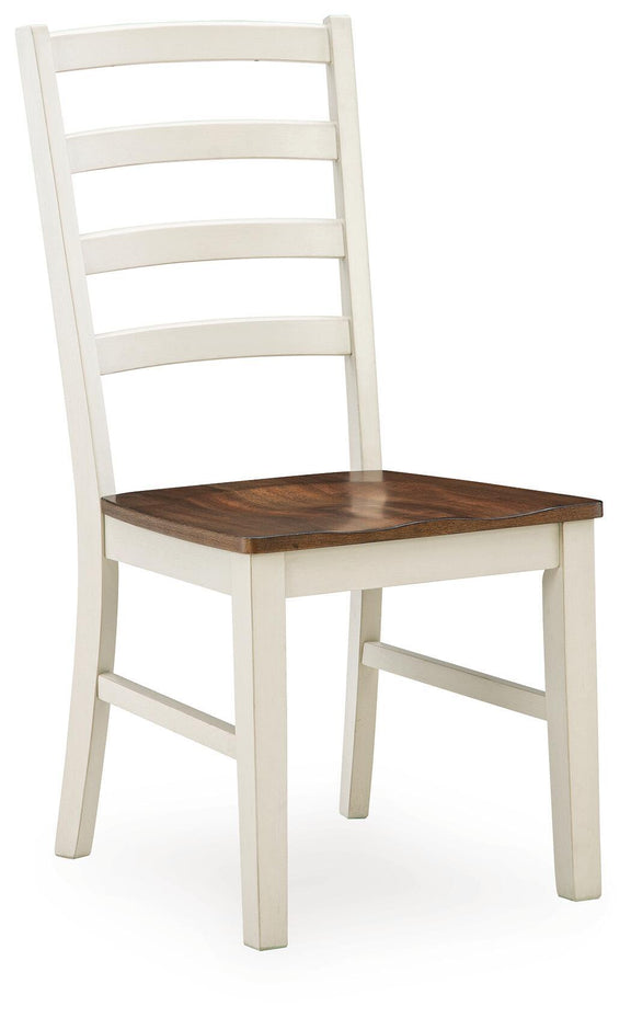 Dining side chair with antique white frame, brown wood seat, slatted back and apron