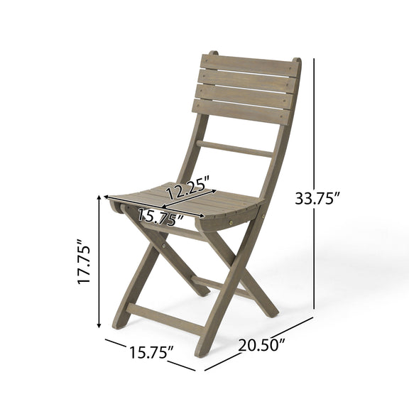 Gray foldable slat-back patio chair, seat and back slats, size marked side view