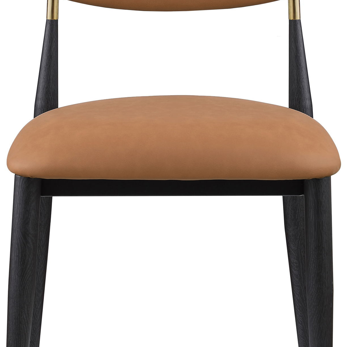 Dining side chair with light brown upholstered seat and back, black legs