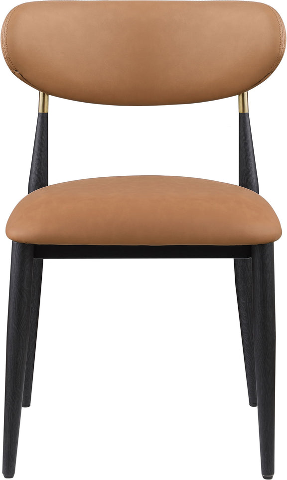 Dining side chair with light brown upholstered seat and back, black legs