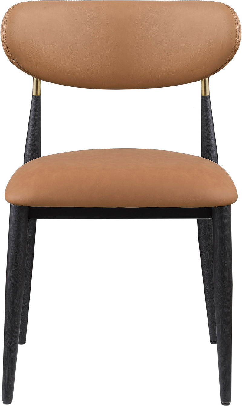 Dining side chair with light brown upholstered seat and back, black legs