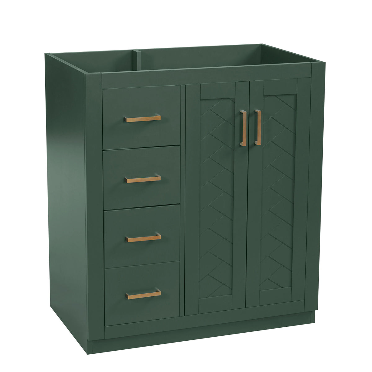 Dark green bathroom vanity with three drawers and two paneled doors, gold bar handles