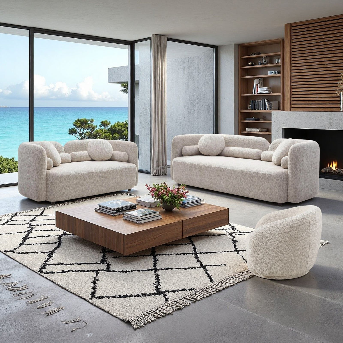 Upholstered sofa set in beige fabric with round arms and two accent chairs