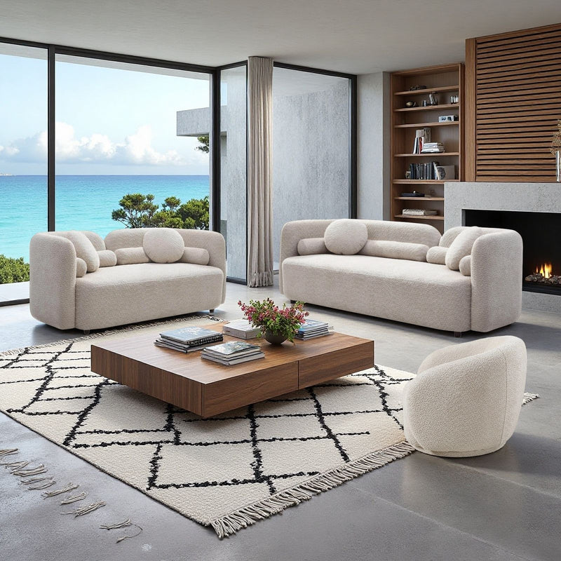 Upholstered sofa set in beige fabric with round arms and two accent chairs