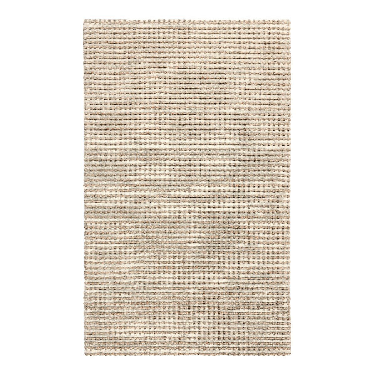 Ivory jute area rug with dense woven loops, crisp edges, and thin stripe accents