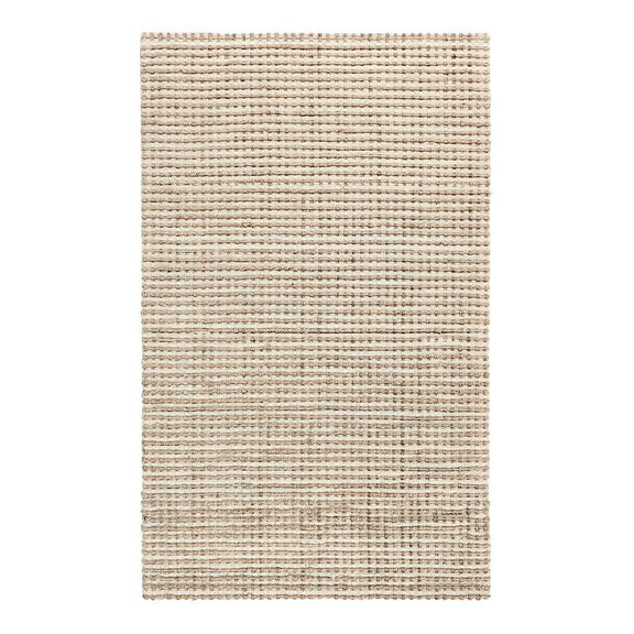 Ivory jute area rug with dense woven loops, crisp edges, and thin stripe accents