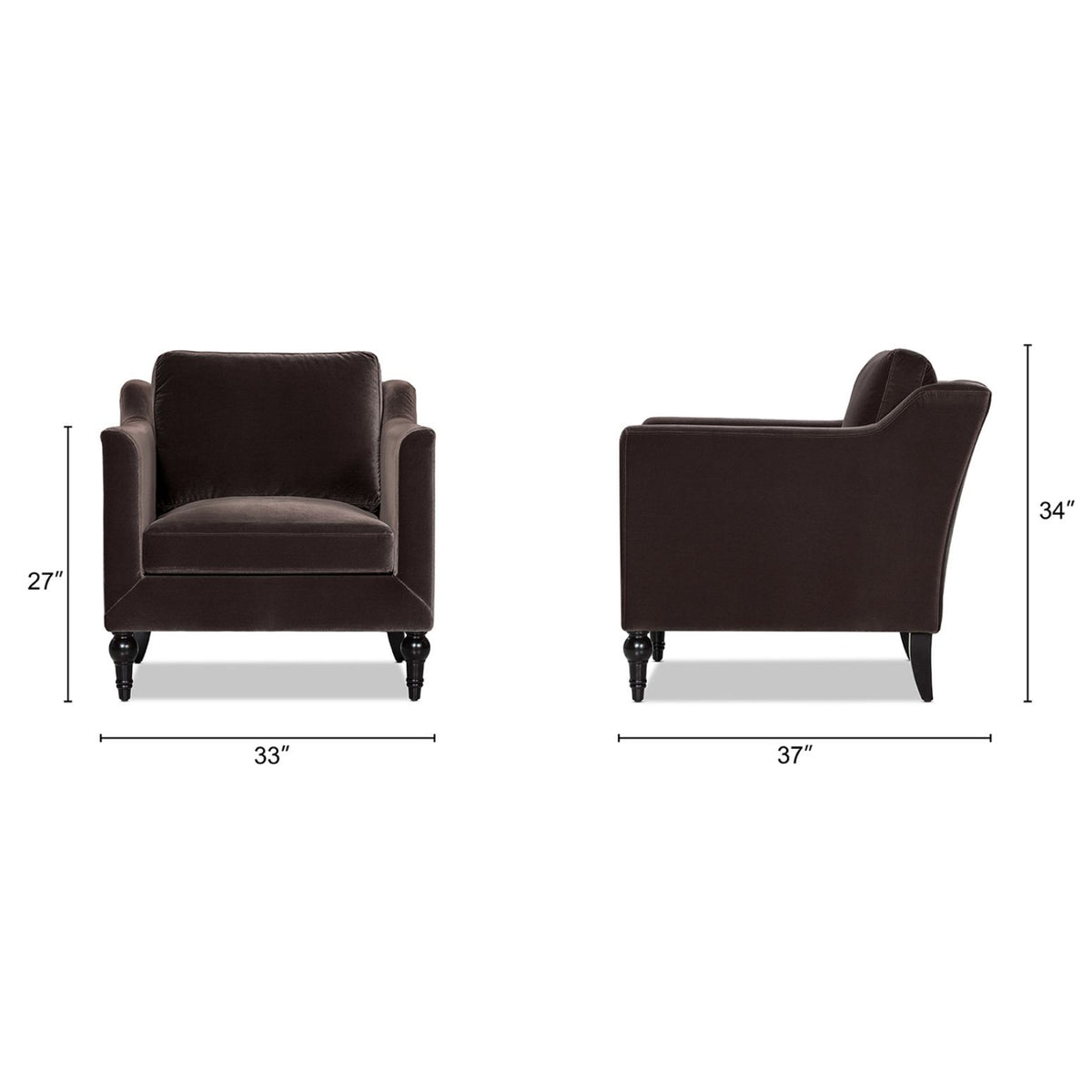 Dark brown upholstered accent chair with square arms and cushioned seat, shown with dimensions