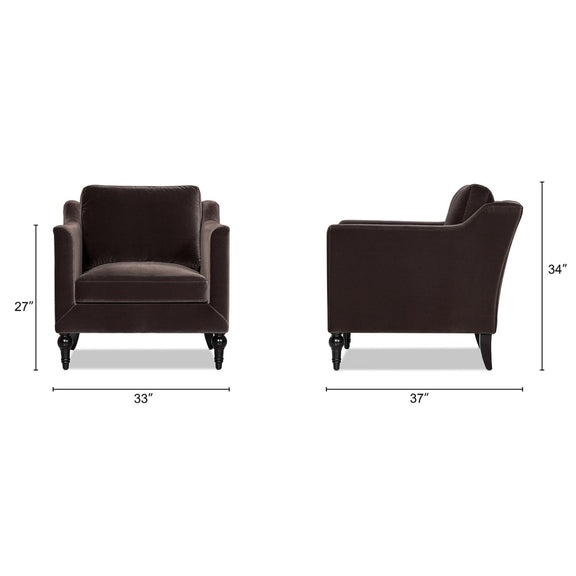 Dark brown upholstered accent chair with square arms and cushioned seat, shown with dimensions