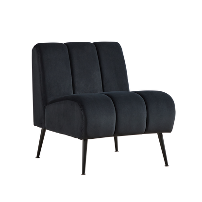 Dark velvet armless accent chair with padded seat, curved back, and black metal legs