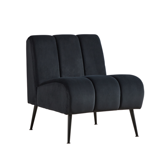 Dark velvet armless accent chair with padded seat, curved back, and black metal legs