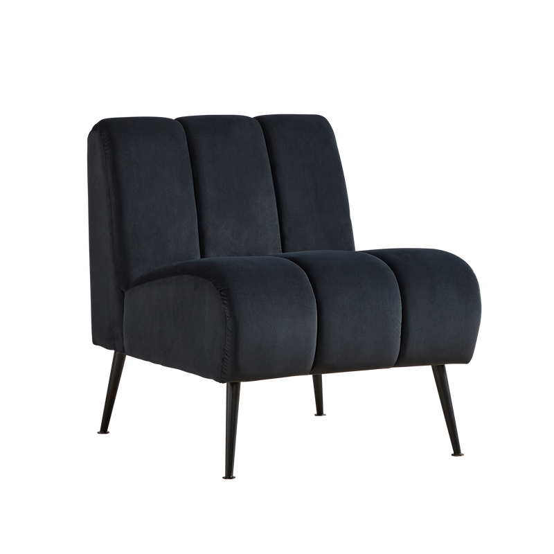Dark velvet armless accent chair with padded seat, curved back, and black metal legs