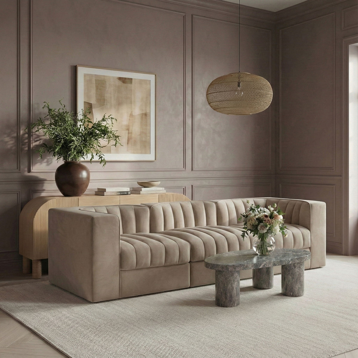 Rummi - Velvet Performance Fabric Upholstered 3 Piece Modular Sofa