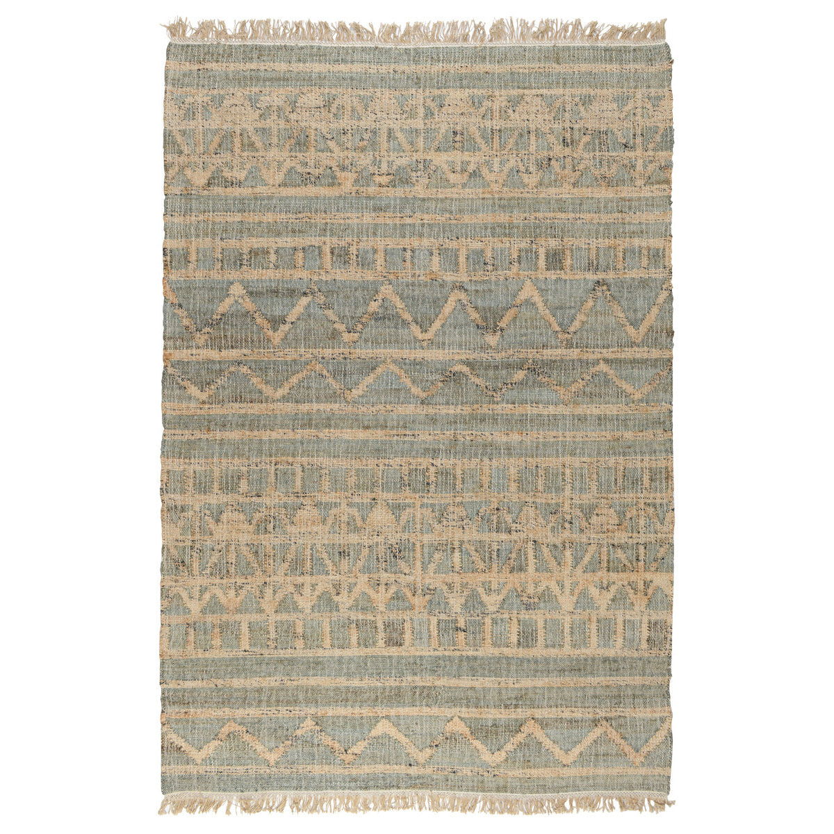 Ivy distressed rug with faded blue-green and beige geometric bands, fringe border
