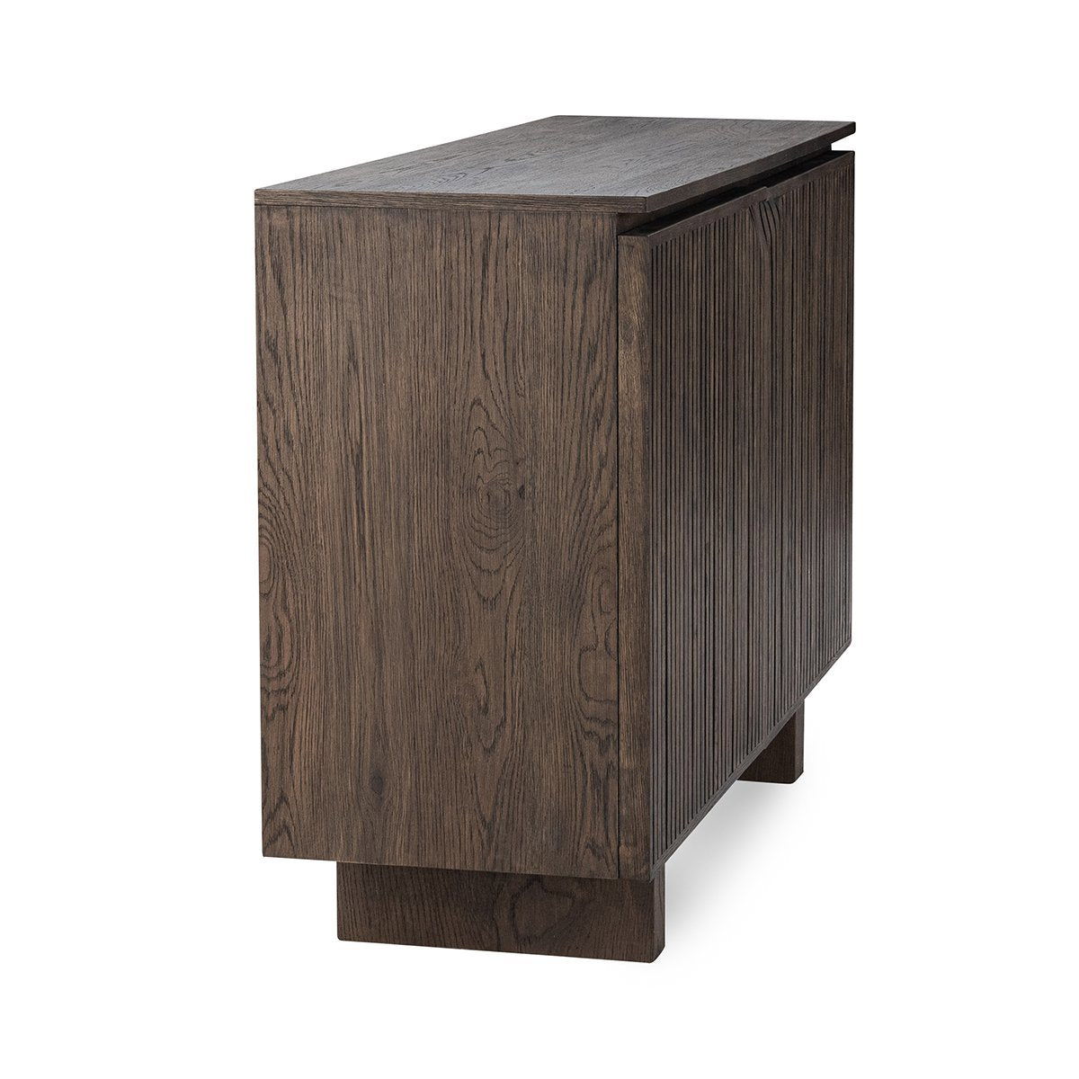 Roya cabinet toasted brown with wood-grain sides, slat door edge, and corner feet
