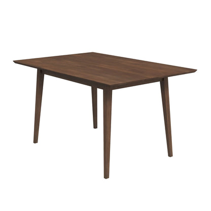 Dark brown rectangular dining table with four angled legs and smooth tabletop.