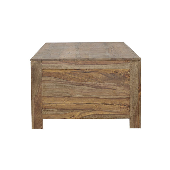 Natural wood coffee table with one front drawer and square legs