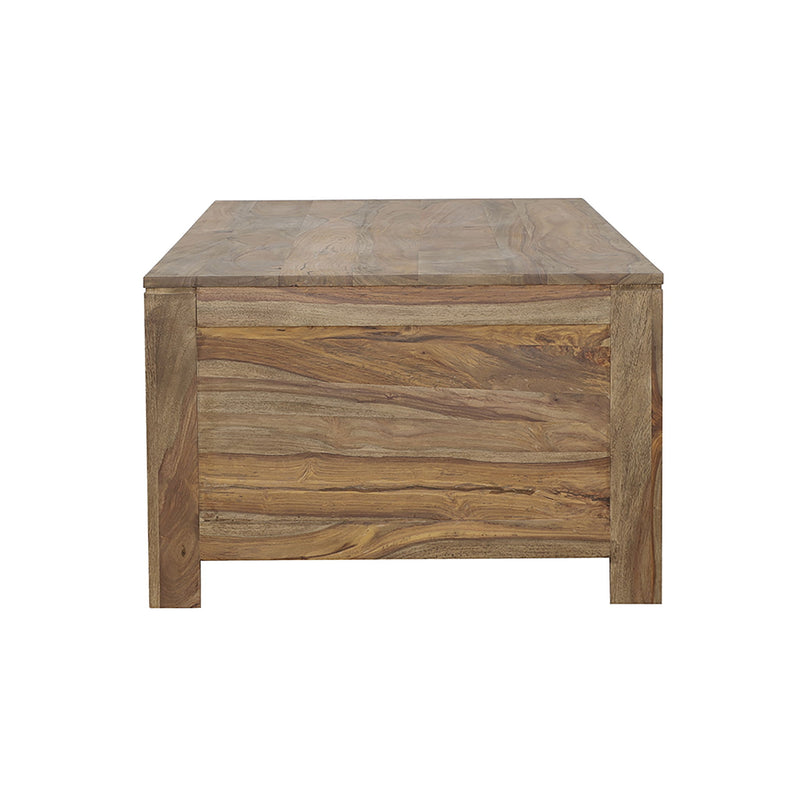 Natural wood coffee table with one front drawer and square legs