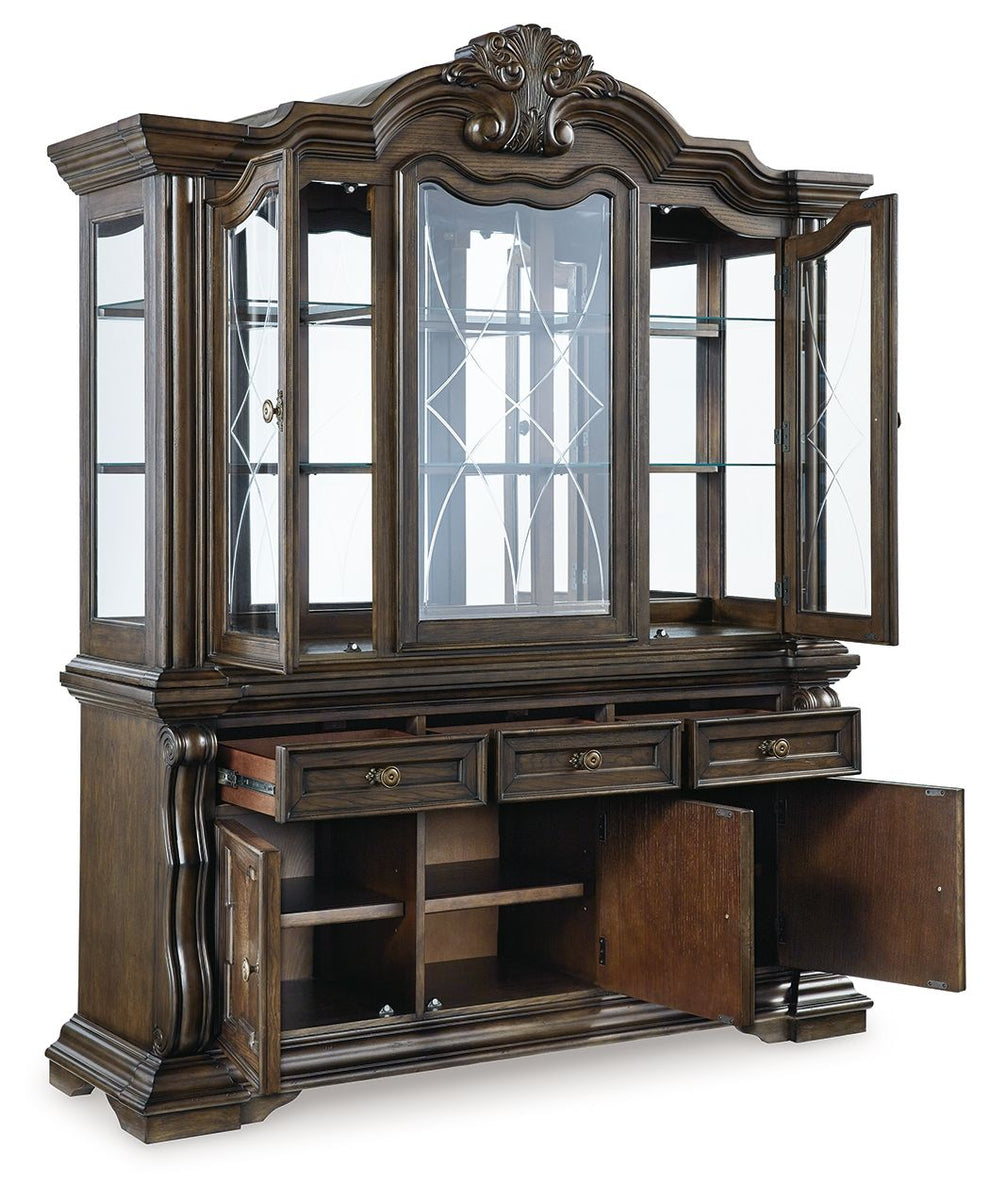 Dark brown buffet hutch with glass hutch doors and open lower storage with shelves