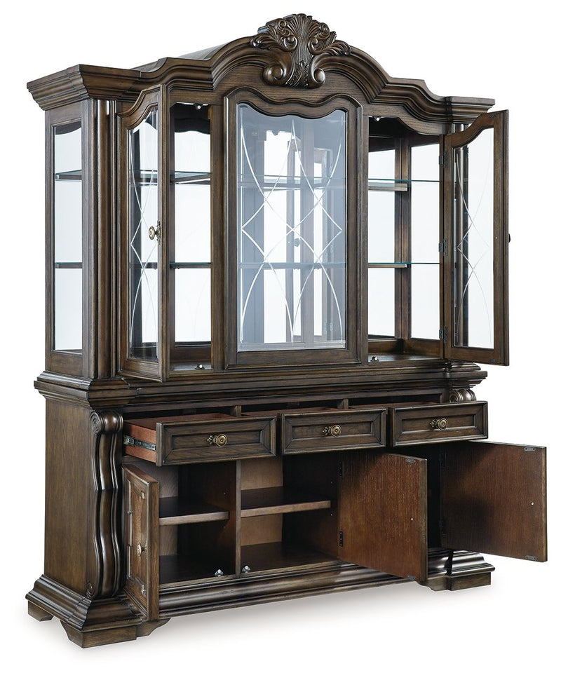 Dark brown buffet hutch with glass hutch doors and open lower storage with shelves