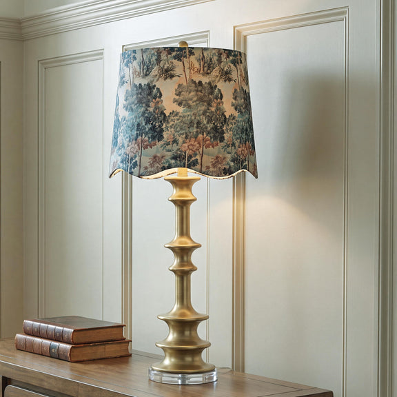 Jaystower antique gold table lamp with blue-gray tree scene drum shade on console