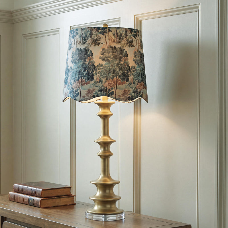 Jaystower antique gold table lamp with blue-gray tree scene drum shade on console