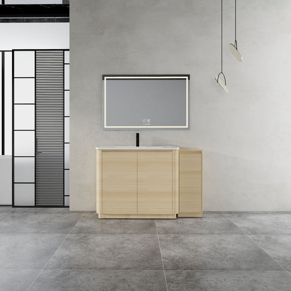 Light brown freestanding bathroom vanity with white sink and two cabinet doors