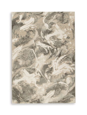 Beige and gray abstract feather-pattern rug with varied brush strokes