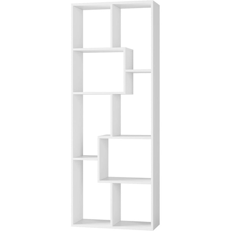 White 5-tier asymmetrical display shelf with open cubby compartments